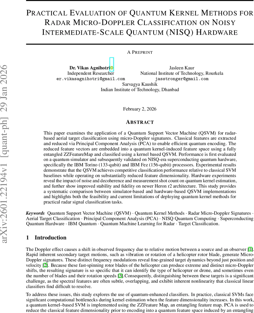 Practical Evaluation of Quantum Kernel Methods for Radar Micro-Doppler Classification on Noisy Intermediate-Scale Quantum (NISQ) Hardware