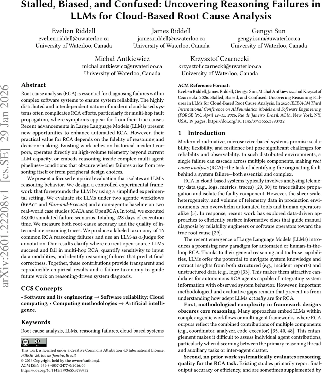 Stalled, Biased, and Confused: Uncovering Reasoning Failures in LLMs for Cloud-Based Root Cause Analysis