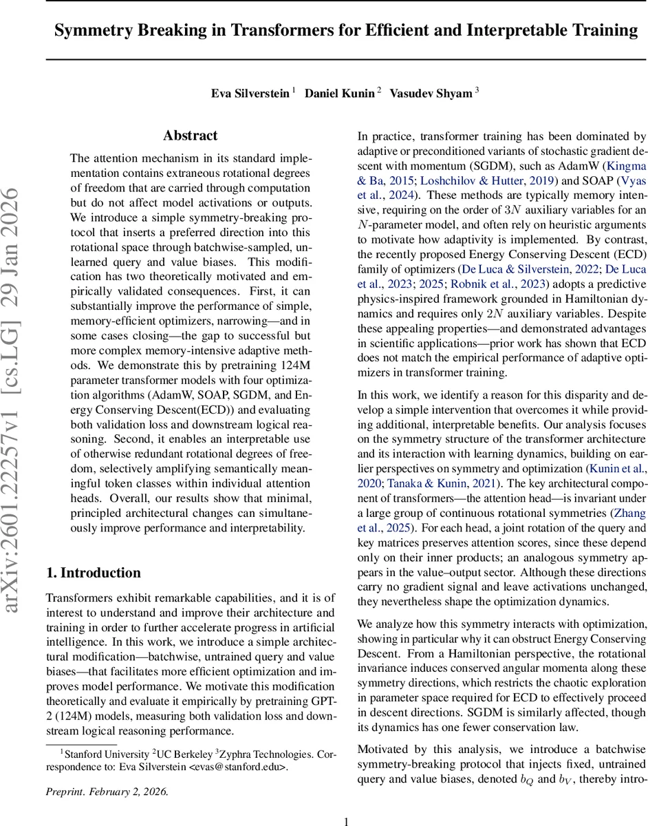 Symmetry Breaking in Transformers for Efficient and Interpretable Training