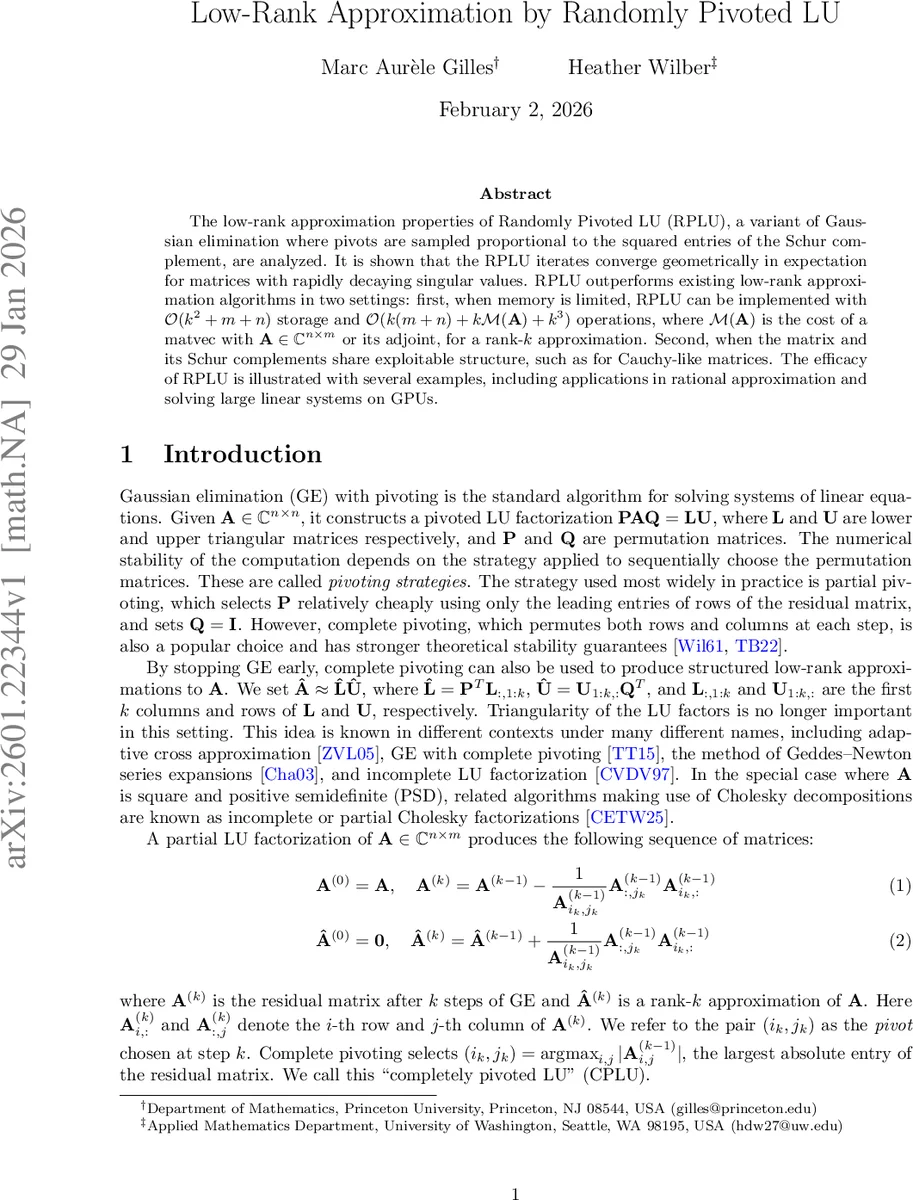 Low-Rank Approximation by Randomly Pivoted LU