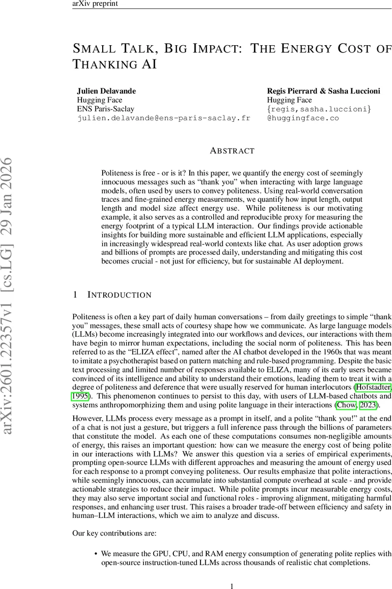 Small Talk, Big Impact: The Energy Cost of Thanking AI