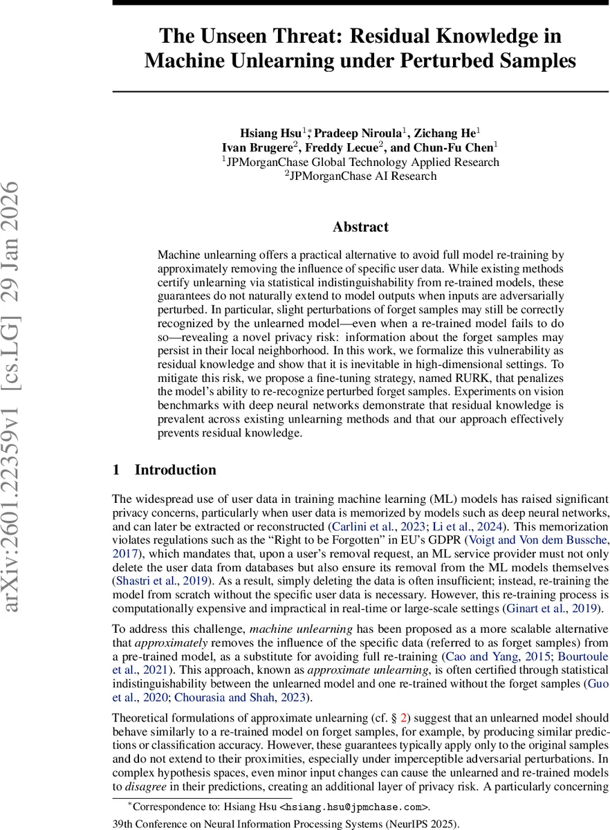 The Unseen Threat: Residual Knowledge in Machine Unlearning under Perturbed Samples