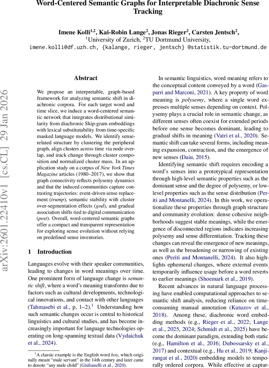 Word-Centered Semantic Graphs for Interpretable Diachronic Sense Tracking