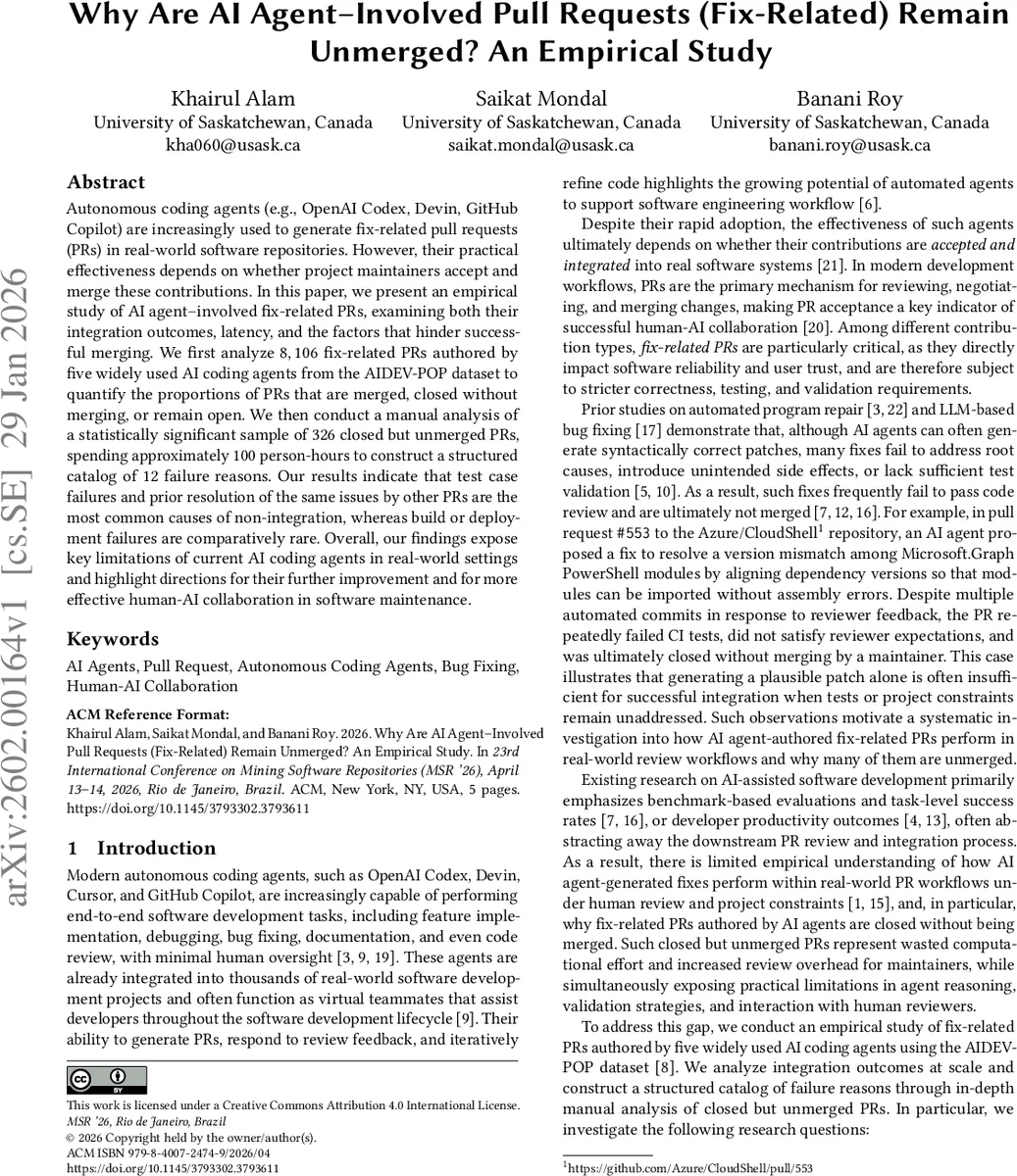 Why Are AI Agent Involved Pull Requests (Fix-Related) Remain Unmerged? An Empirical Study