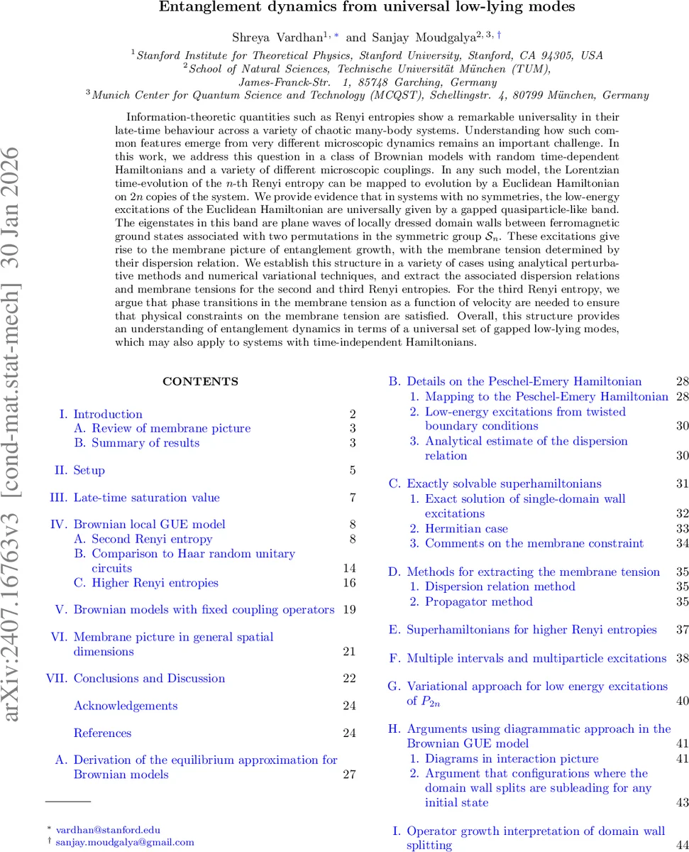 Entanglement dynamics from universal low-lying modes