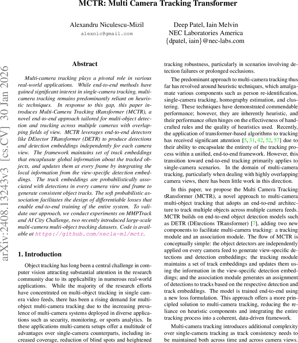 MCTR: Multi Camera Tracking Transformer