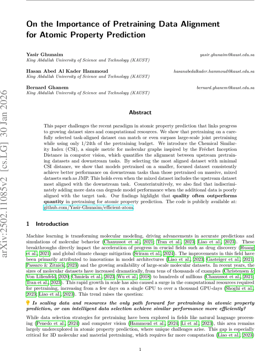 On the Importance of Pretraining Data Alignment for Atomic Property Prediction