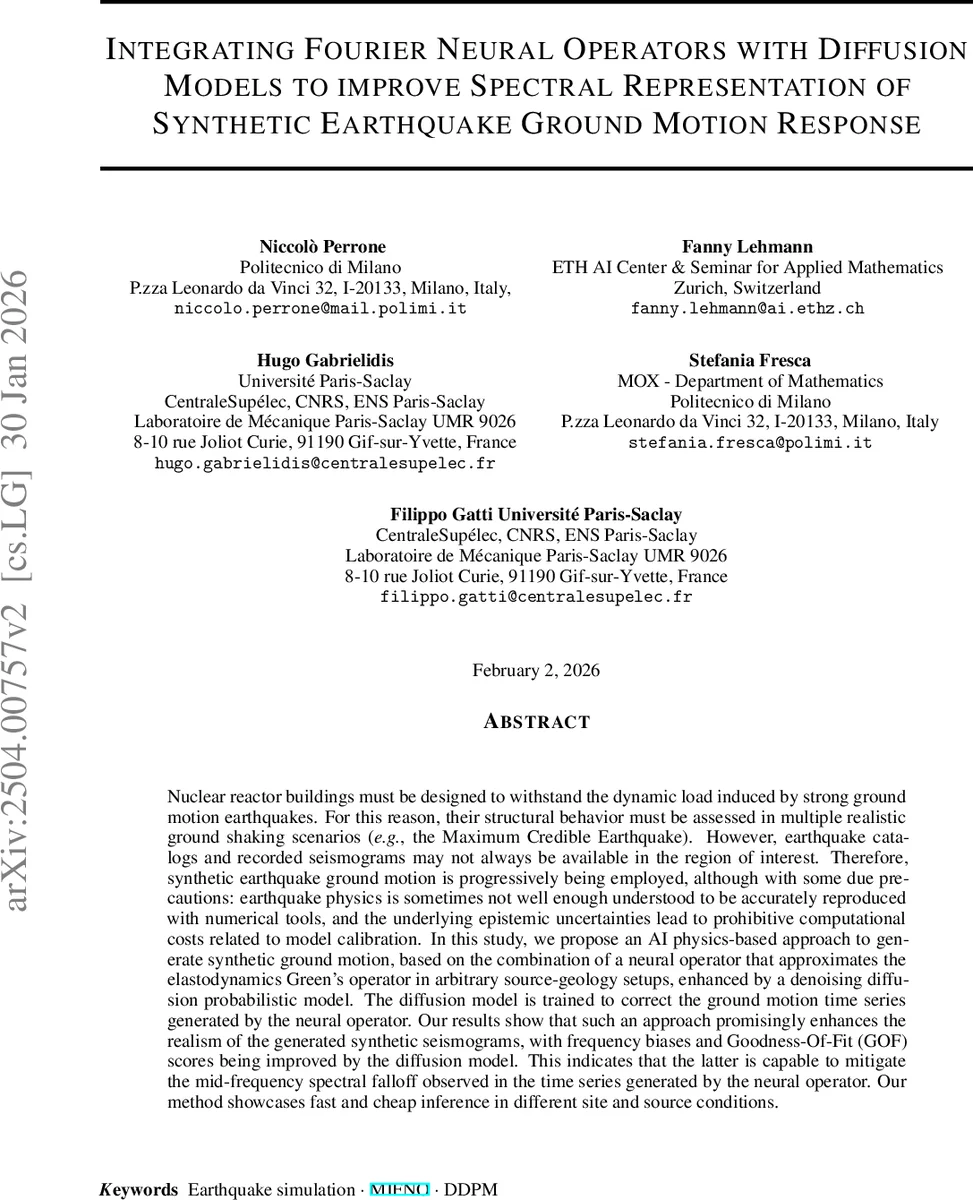 Integrating Fourier Neural Operators with Diffusion Models to improve Spectral Representation of Synthetic Earthquake Ground Motion Response
