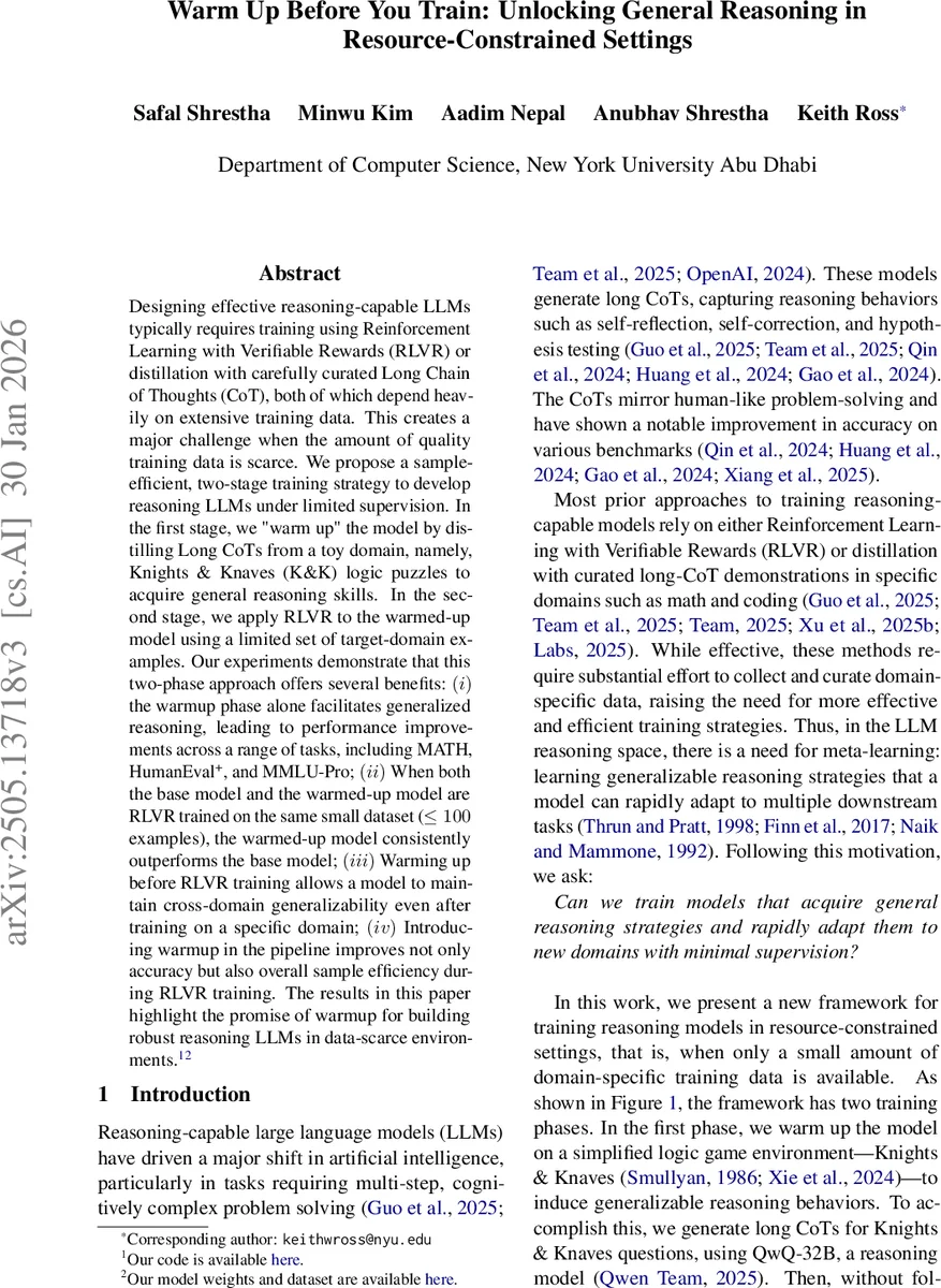 Warm Up Before You Train: Unlocking General Reasoning in Resource-Constrained Settings