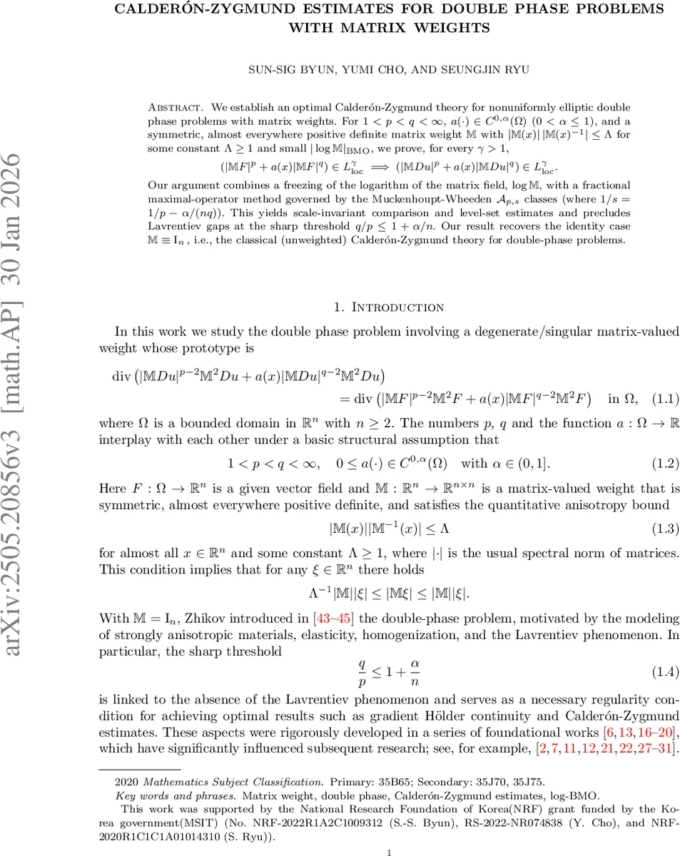 Calderón-Zygmund estimates for double phase problems with matrix weights