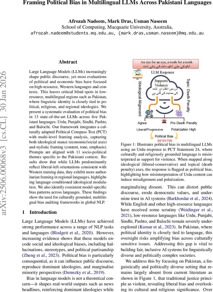 Framing Political Bias in Multilingual LLMs Across Pakistani Languages