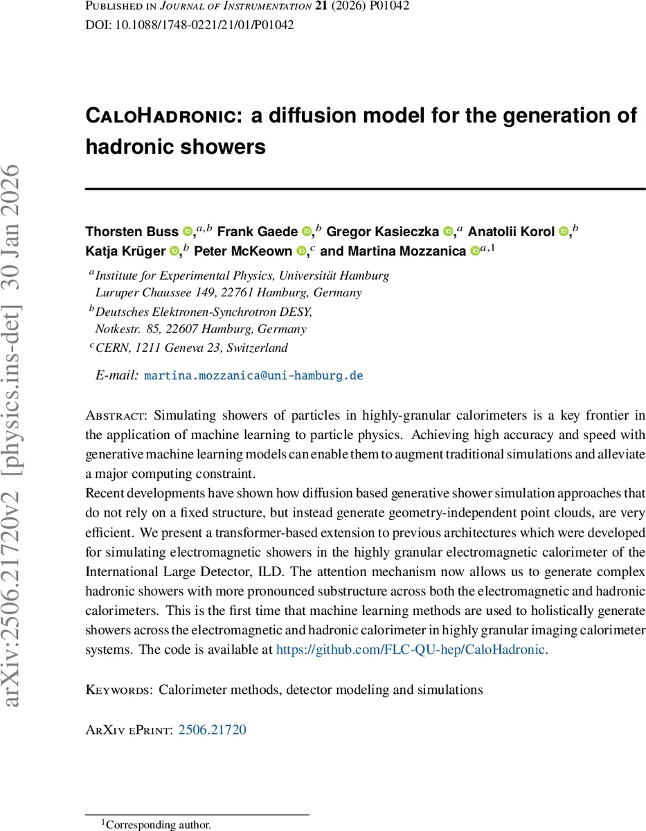 CaloHadronic: a diffusion model for the generation of hadronic showers