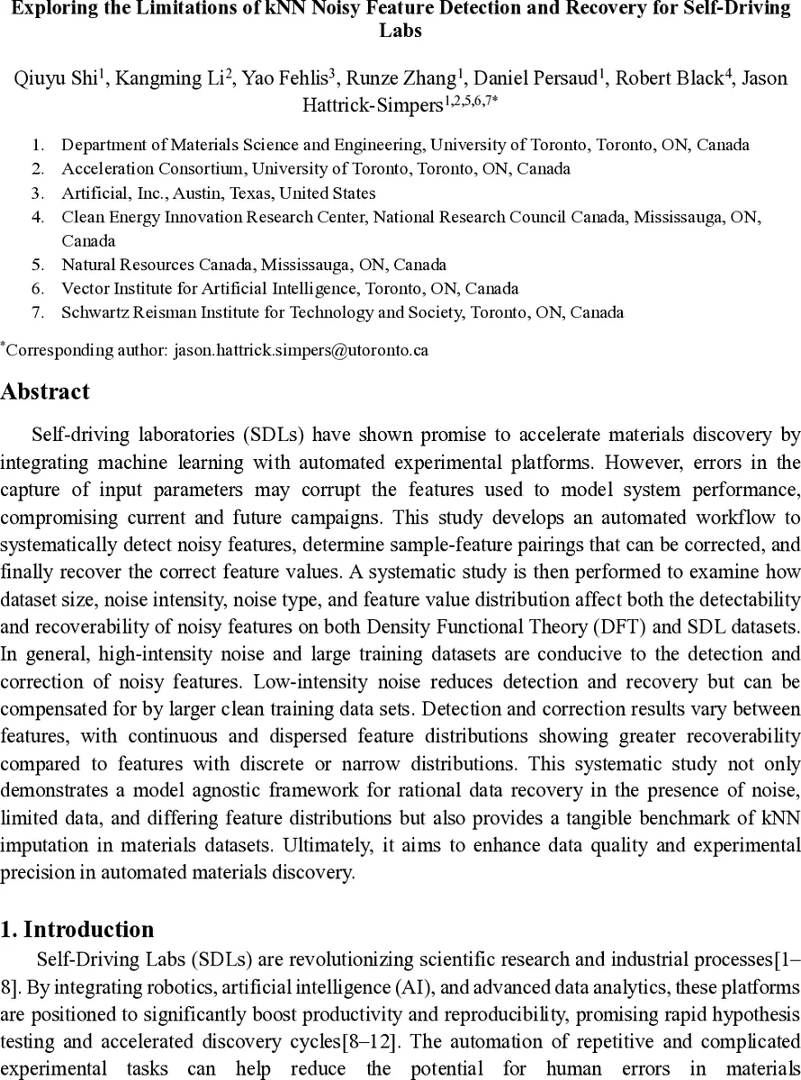 Exploring the Limitations of kNN Noisy Feature Detection and Recovery for Self-Driving Labs