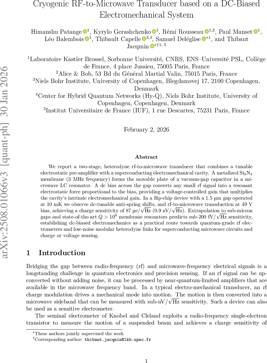 Cryogenic rf-to-microwave transducer based on a dc-biased electromechanical system