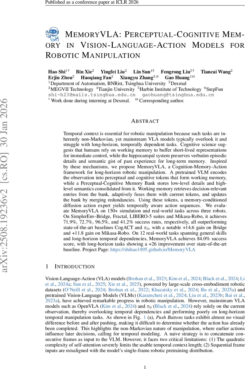 MemoryVLA: Perceptual-Cognitive Memory in Vision-Language-Action Models for Robotic Manipulation