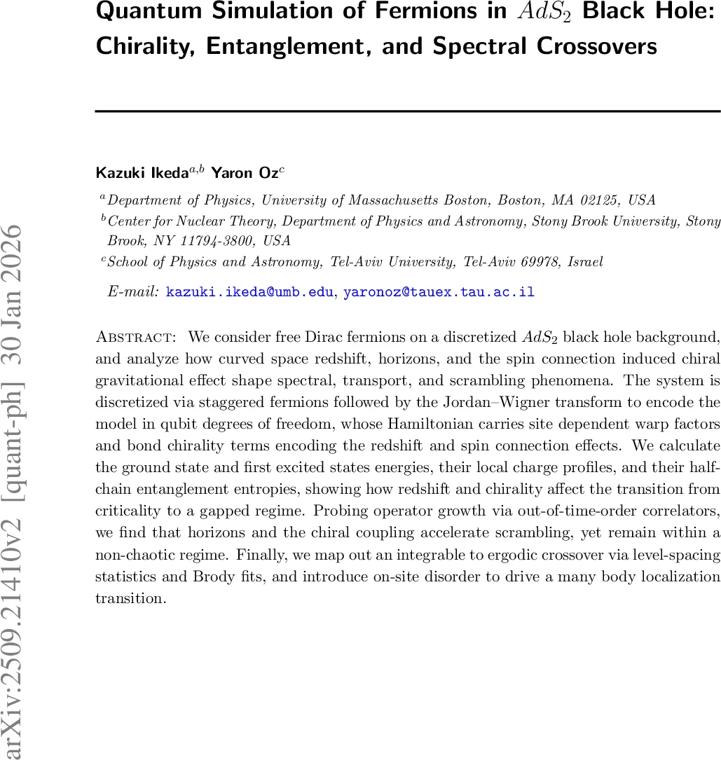 Quantum Simulation of Fermions in $AdS_2$ Black Hole: Chirality, Entanglement, and Spectral Crossovers