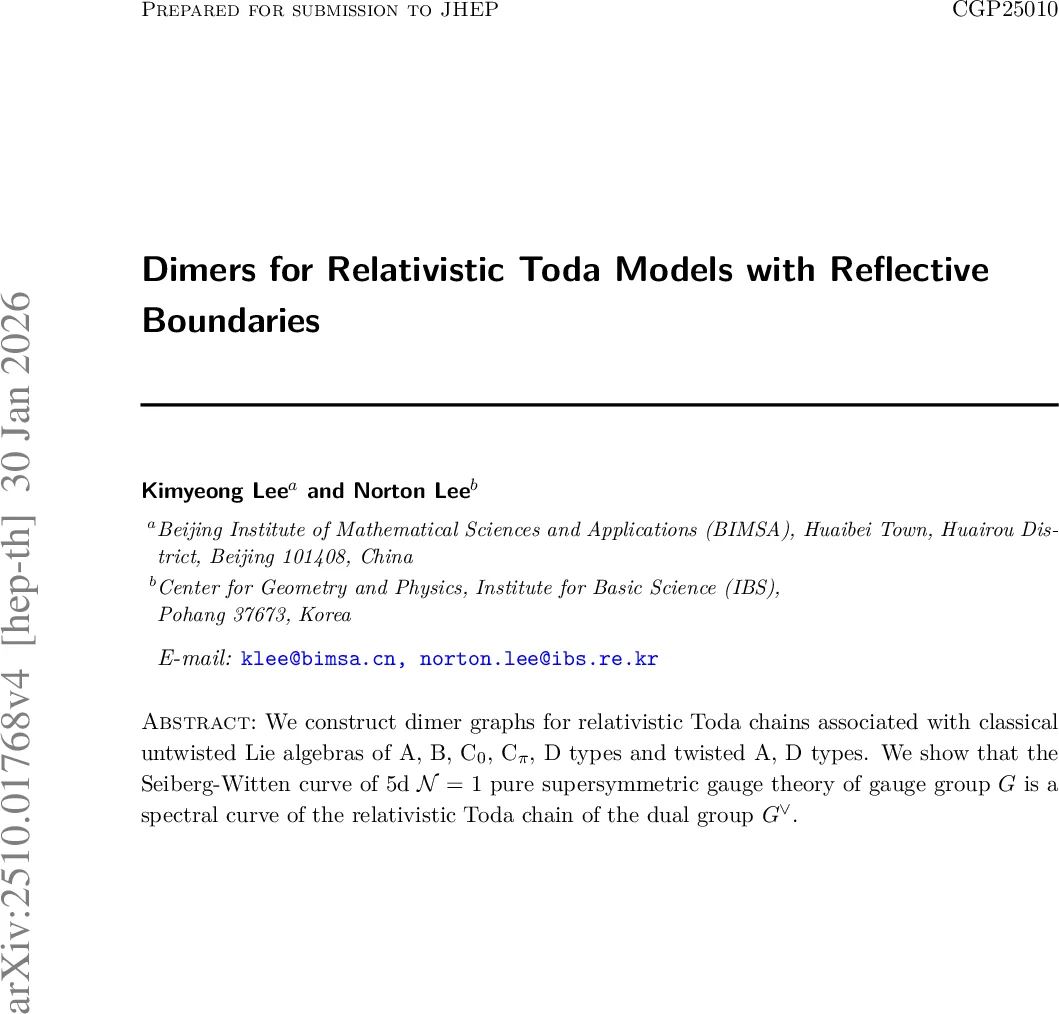 Dimers for Relativistic Toda Models with Reflective Boundaries