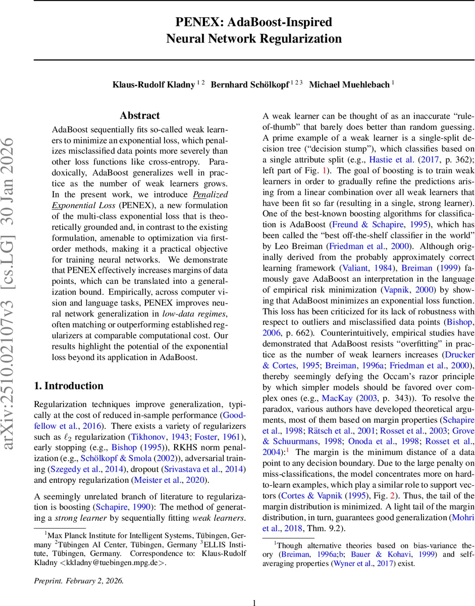 PENEX: AdaBoost-Inspired Neural Network Regularization