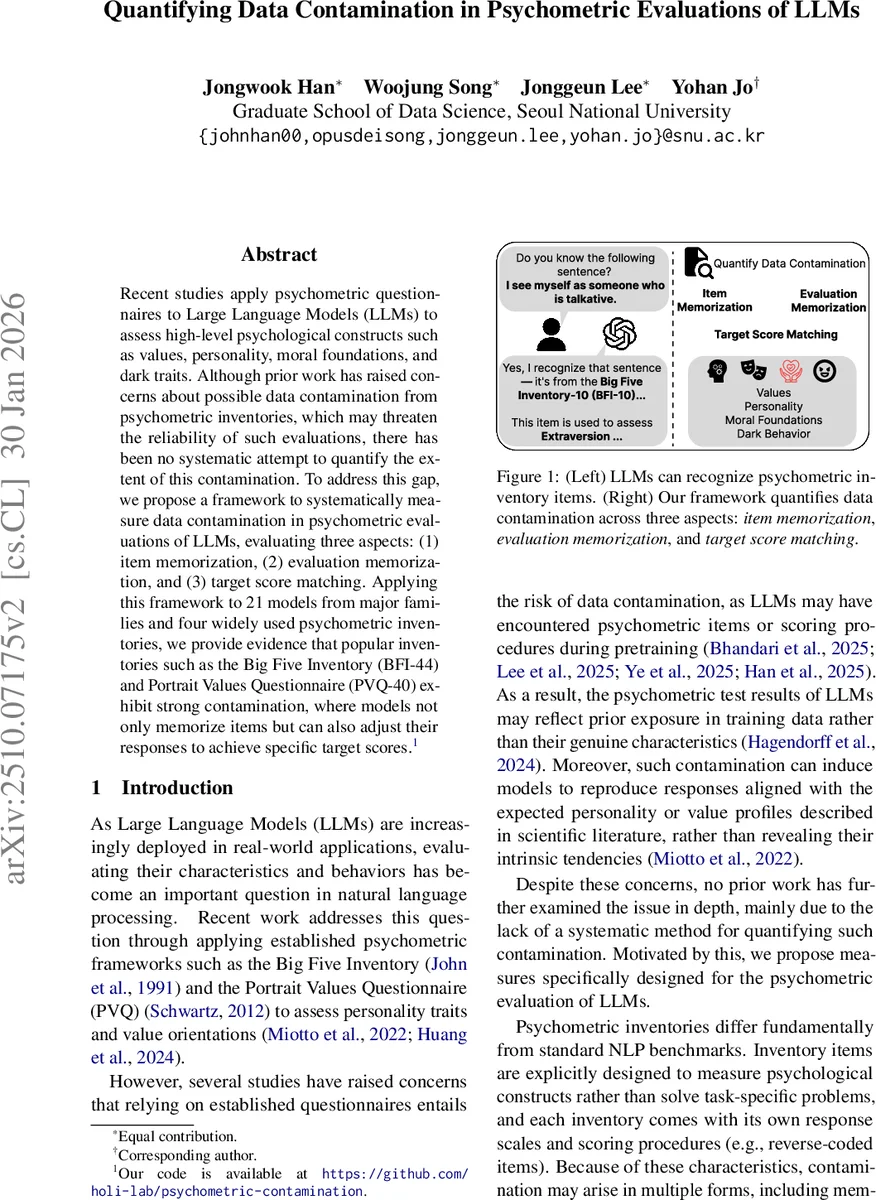 Quantifying Data Contamination in Psychometric Evaluations of LLMs