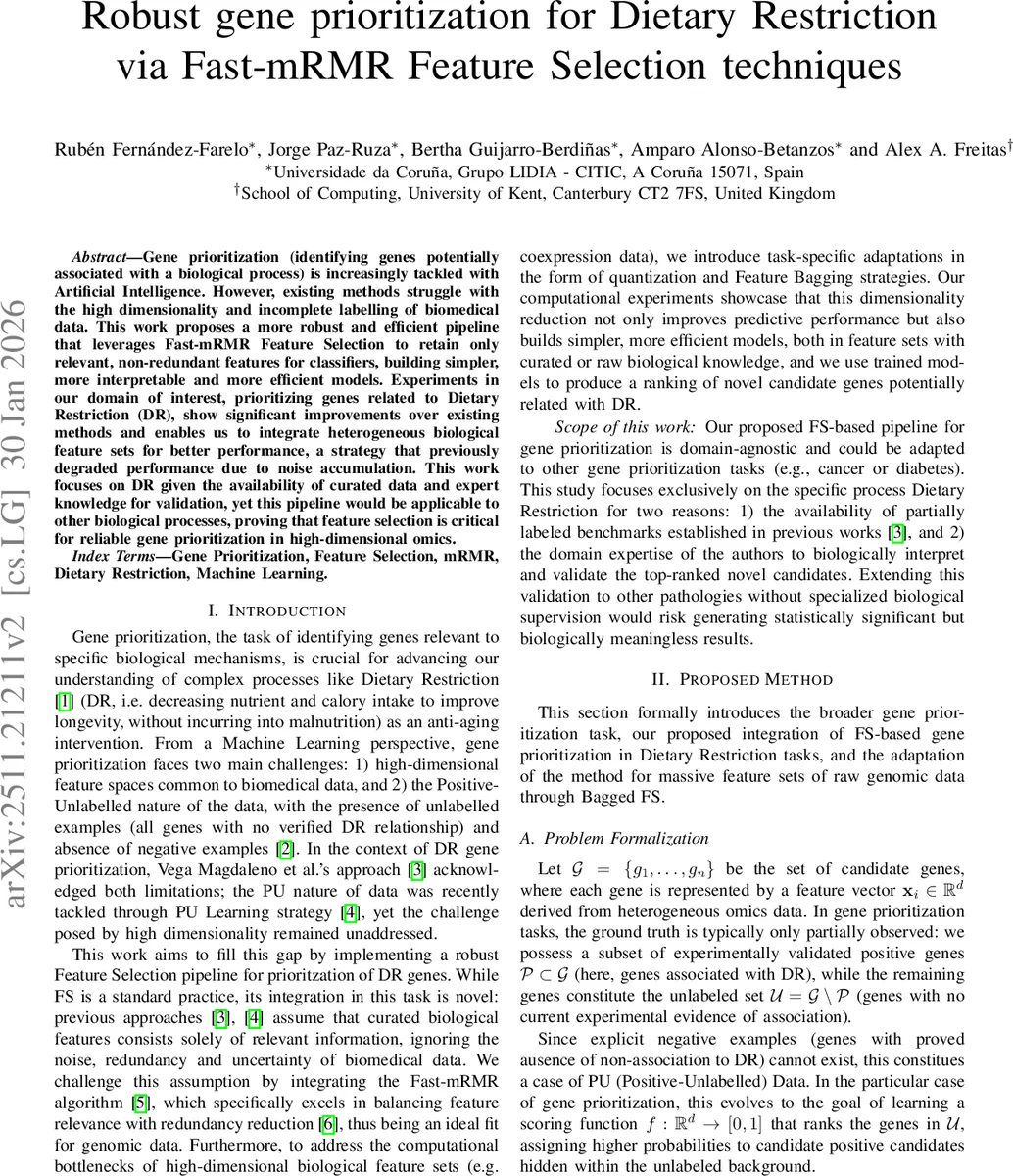 Robust gene prioritization for Dietary Restriction via Fast-mRMR Feature Selection techniques