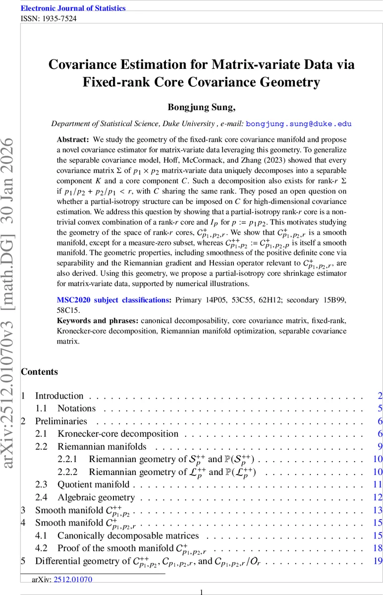 Covariance Estimation for Matrix-variate Data via Fixed-rank Core Covariance Geometry