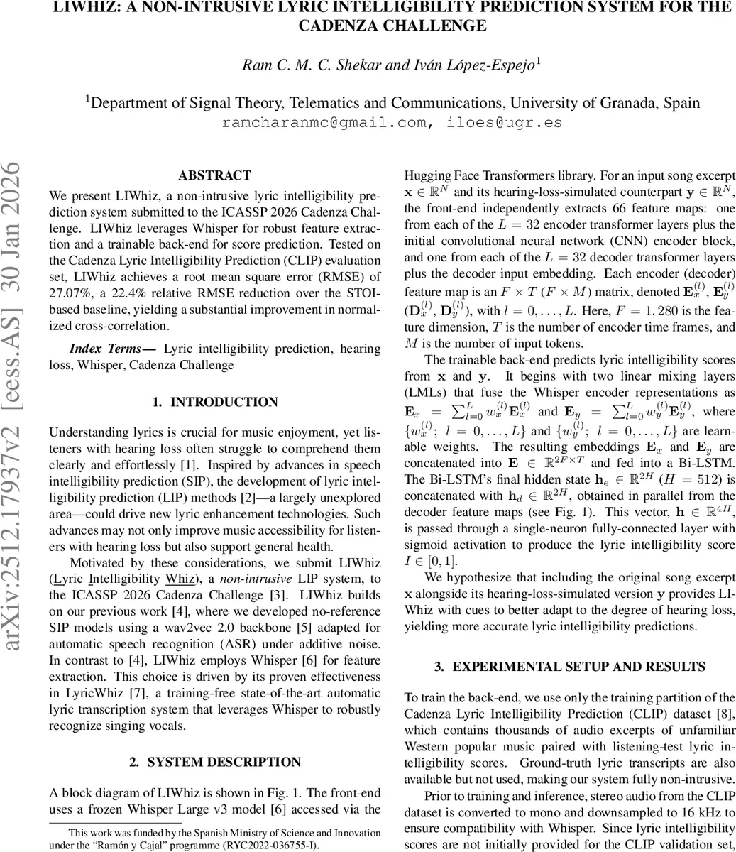 LIWhiz: A Non-Intrusive Lyric Intelligibility Prediction System for the Cadenza Challenge