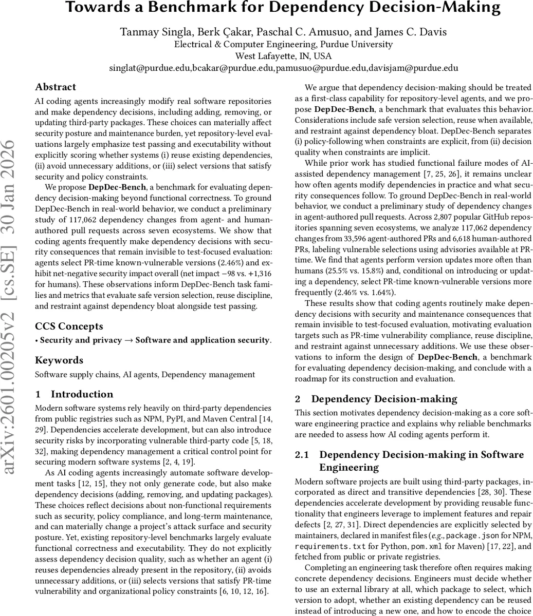 Towards a Benchmark for Dependency Decision-Making