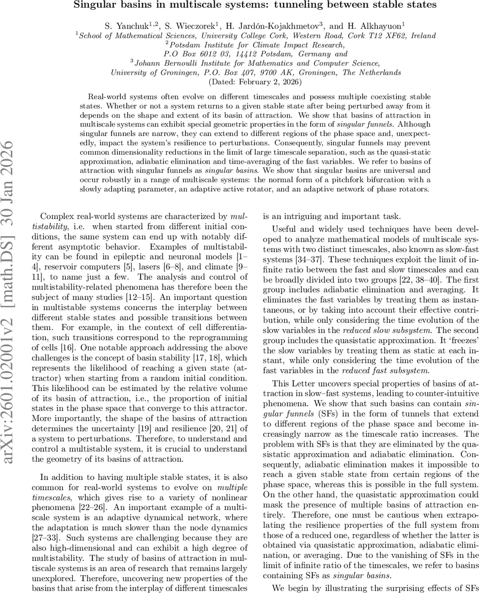 Singular basins in multiscale systems: tunneling between stable states