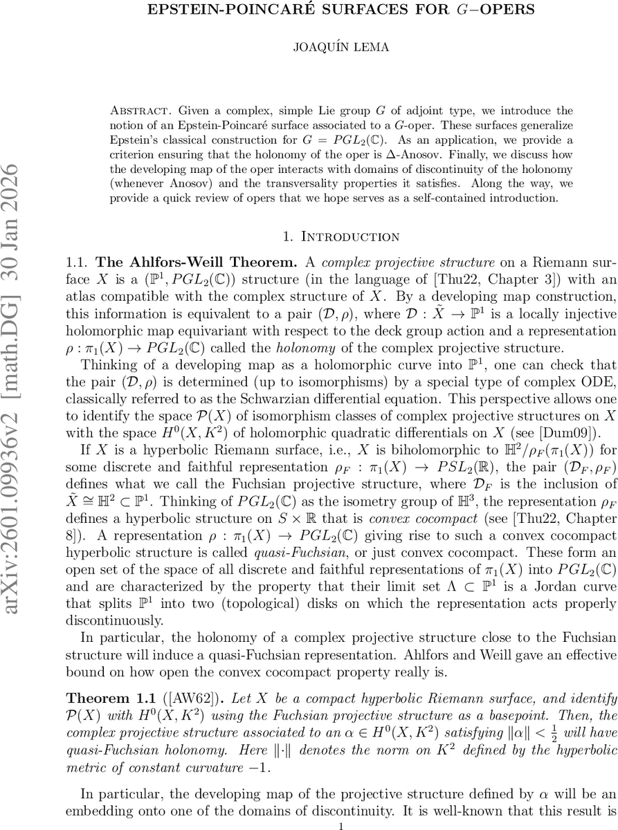 Epstein-Poincaré surfaces for $G-$opers