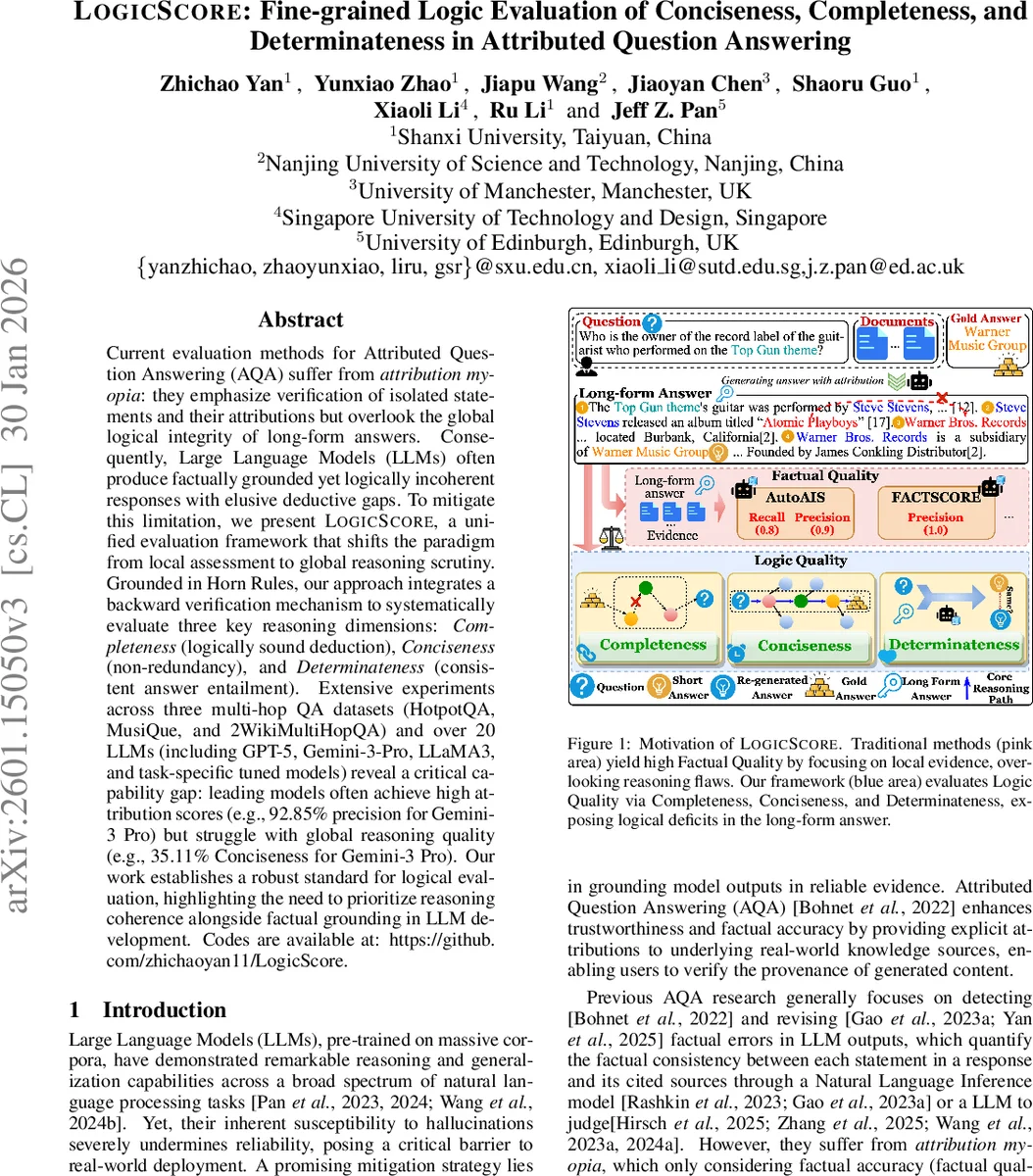 LogicScore: Fine-grained Logic Evaluation of Conciseness, Completeness, and Determinateness in Attributed Question Answering