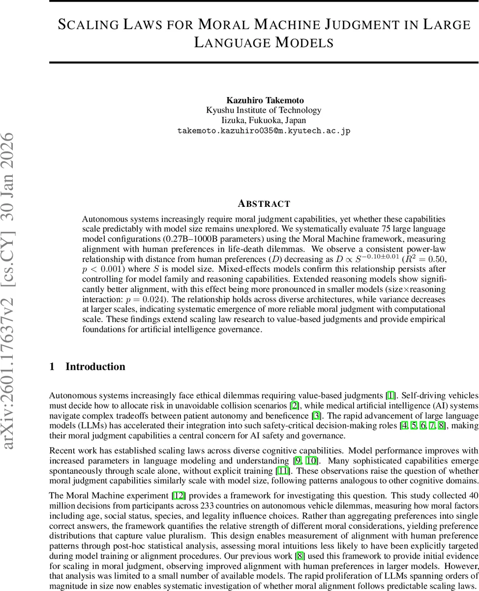 Scaling Laws for Moral Machine Judgment in Large Language Models