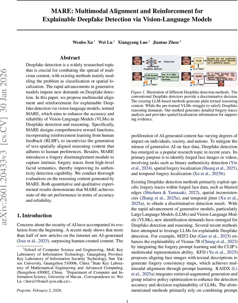MARE: Multimodal Alignment and Reinforcement for Explainable Deepfake Detection via Vision-Language Models
