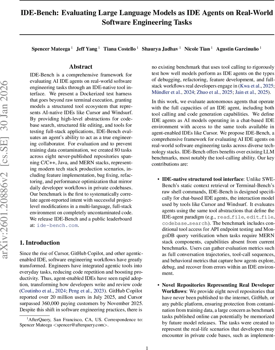IDE-Bench: Evaluating Large Language Models as IDE Agents on Real-World Software Engineering Tasks