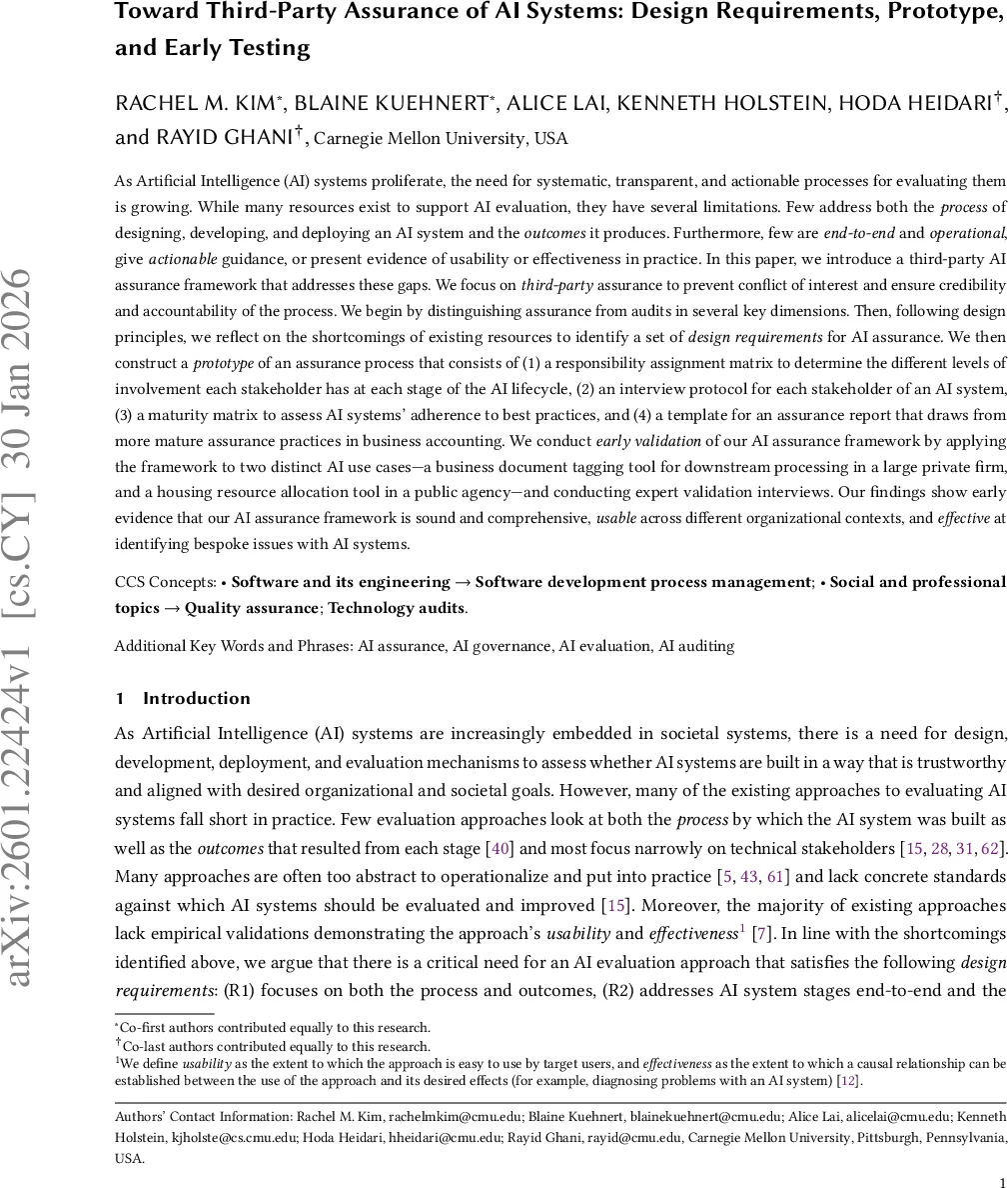 Toward Third-Party Assurance of AI Systems: Design Requirements, Prototype, and Early Testing