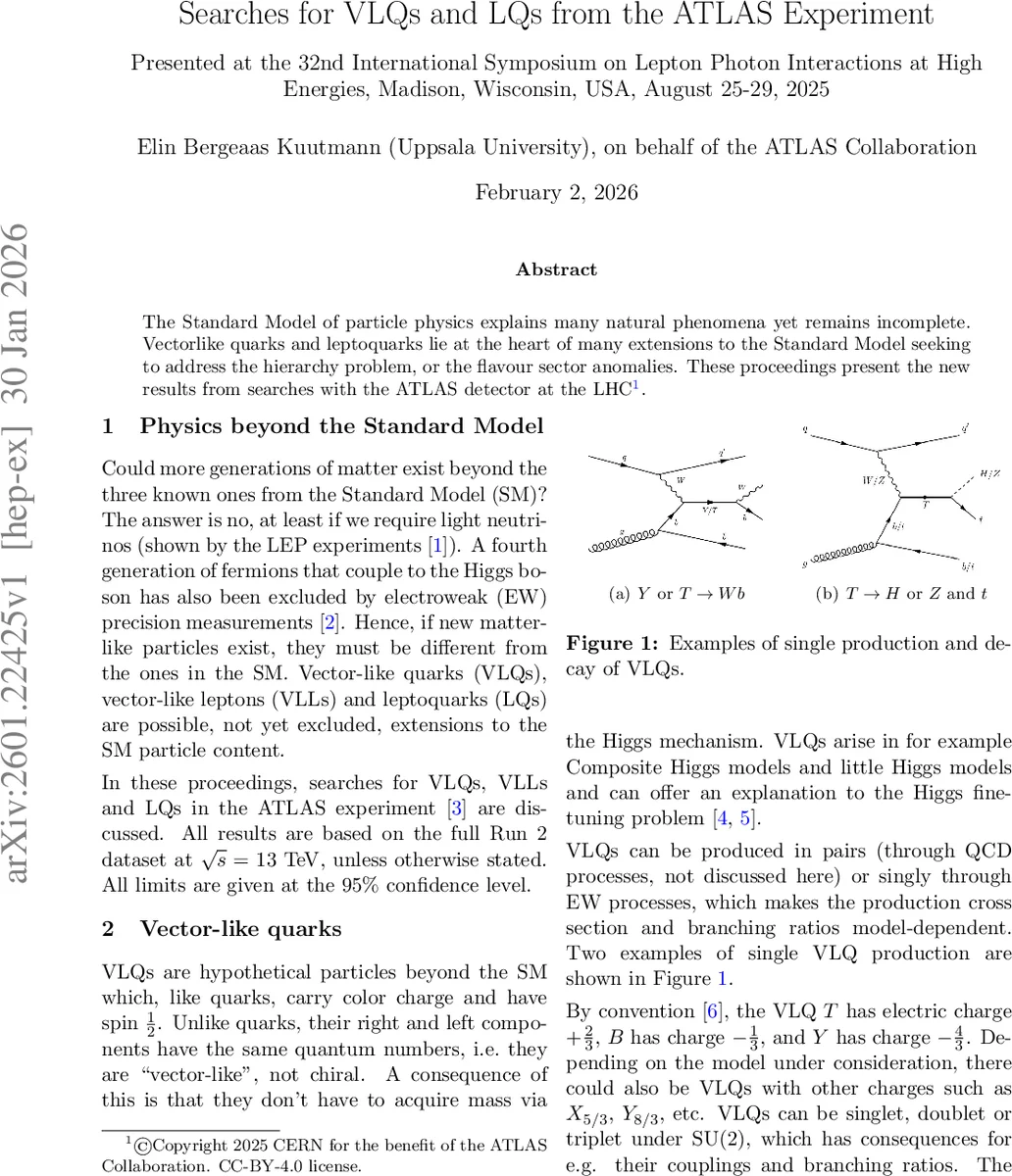 Searches for VLQs and LQs from the ATLAS Experiment