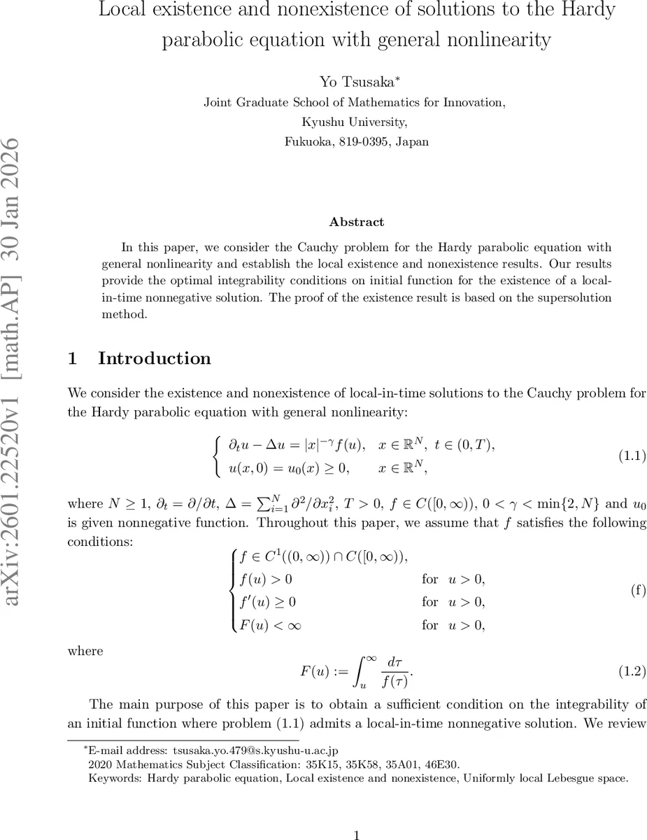 Local existence and nonexistence of solutions to the Hardy parabolic equation with general nonlinearity