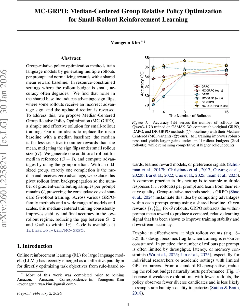 MC-GRPO: Median-Centered Group Relative Policy Optimization for Small-Rollout Reinforcement Learning