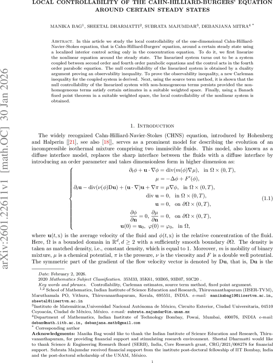Local controllability of the Cahn-Hilliard-Burgers' equation around certain steady states