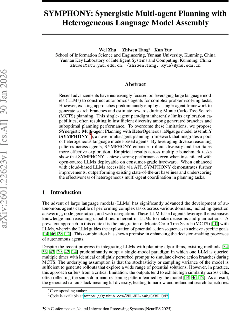 SYMPHONY: Synergistic Multi-agent Planning with Heterogeneous Language Model Assembly
