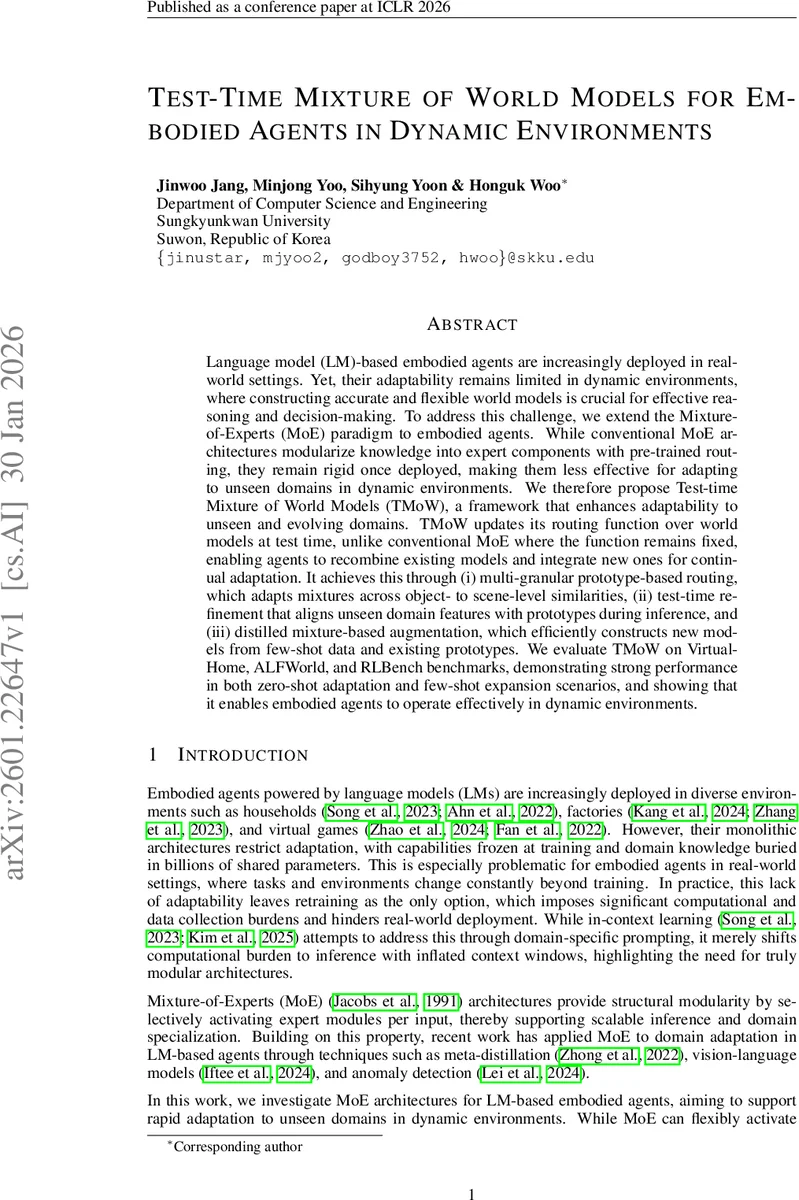 Test-Time Mixture of World Models for Embodied Agents in Dynamic Environments