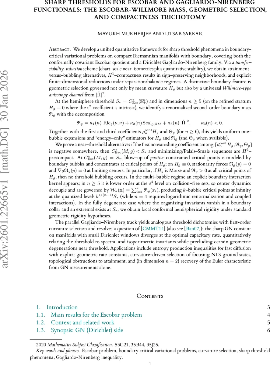Sharp thresholds for Escobar and Gagliardo-Nirenberg functionals: the Escobar-Willmore mass, geometric selection, and compactness trichotomy