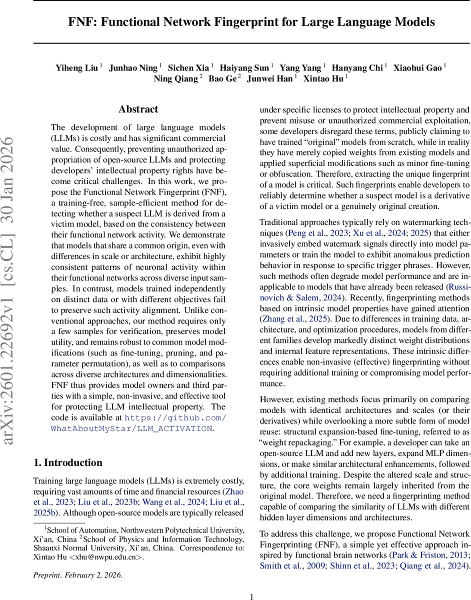 FNF: Functional Network Fingerprint for Large Language Models