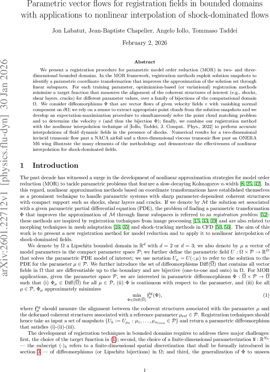 Parametric vector flows for registration fields in bounded domains with applications to nonlinear interpolation of shock-dominated flows