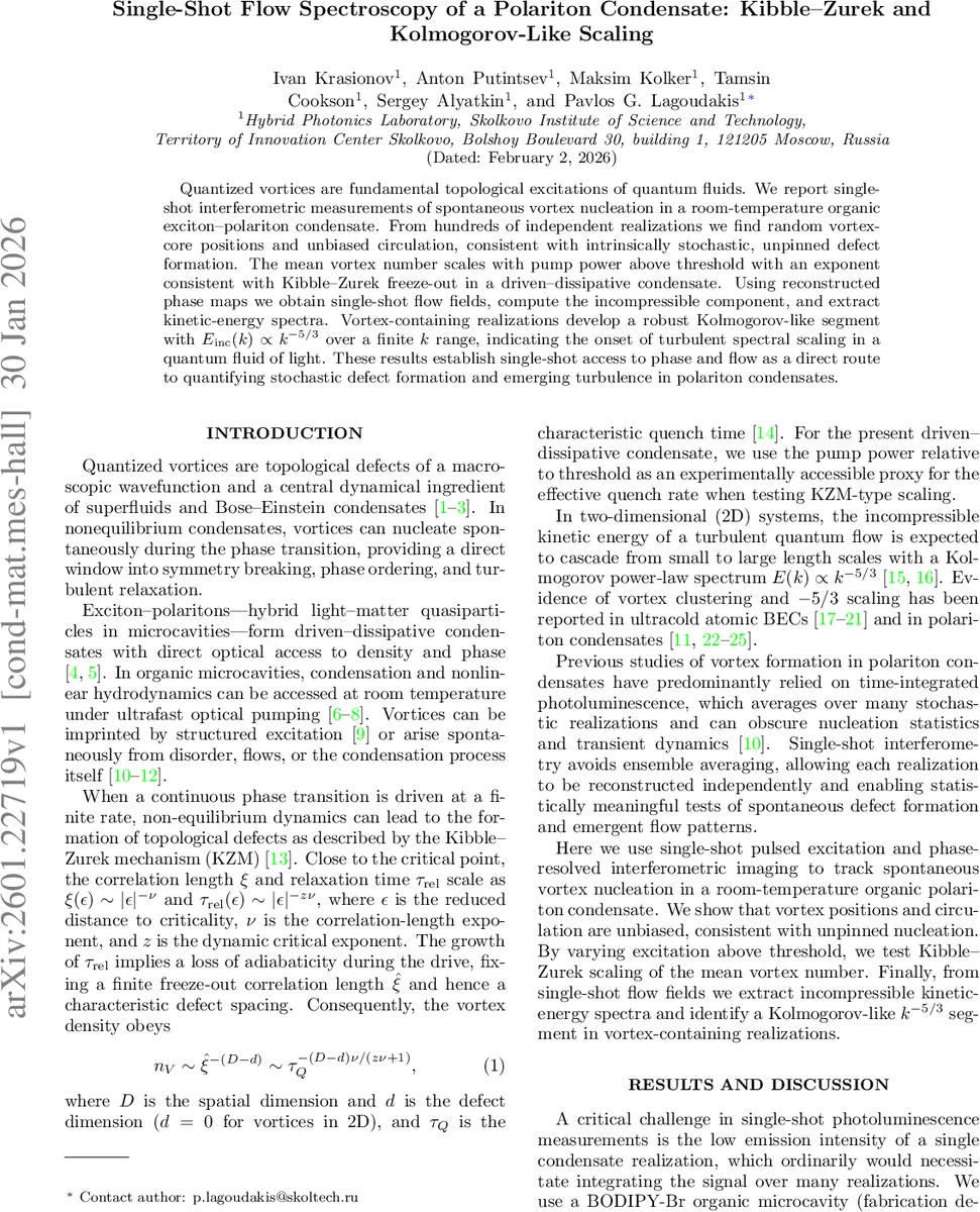 Single-Shot Flow Spectroscopy of a Polariton Condensate: Kibble-Zurek and Kolmogorov-Like Scaling