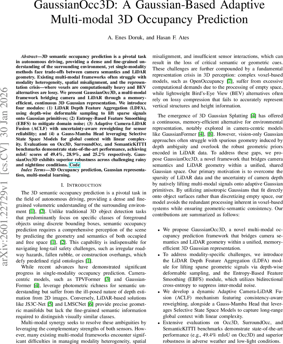 GaussianOcc3D: A Gaussian-Based Adaptive Multi-modal 3D Occupancy Prediction
