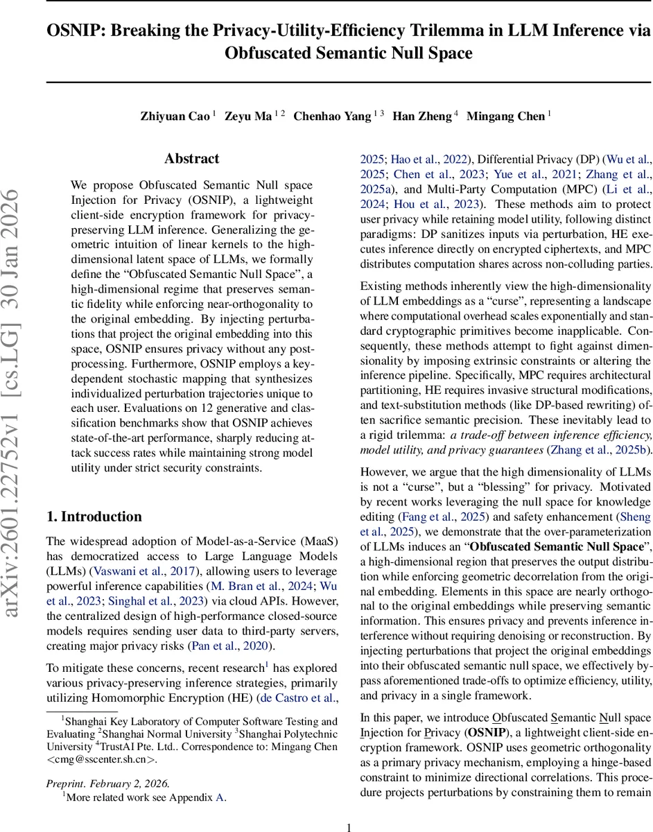 OSNIP: Breaking the Privacy-Utility-Efficiency Trilemma in LLM Inference via Obfuscated Semantic Null Space