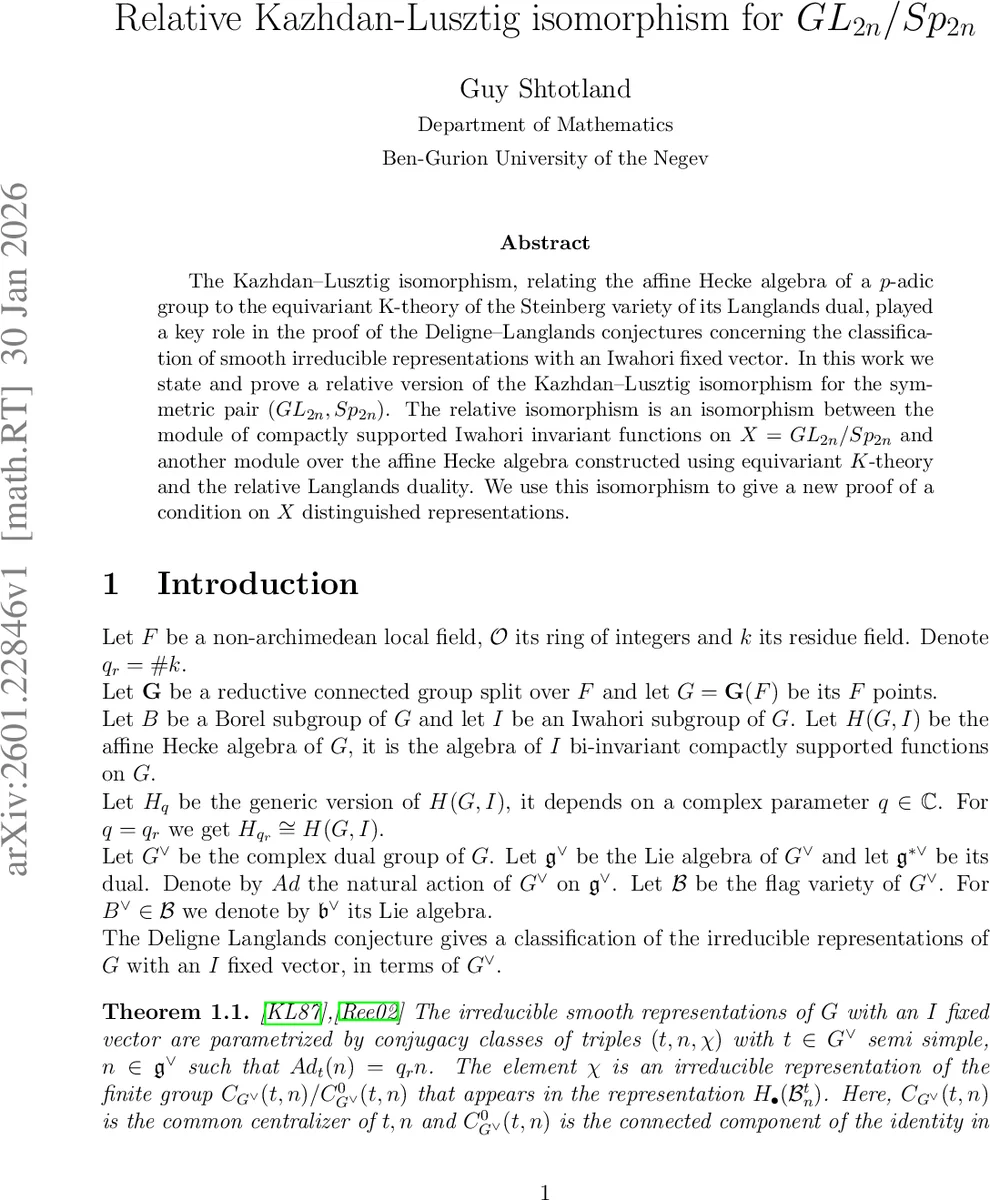 Relative Kazhdan Lusztig isomorphism for $GL_{2n}/Sp_{2n}$