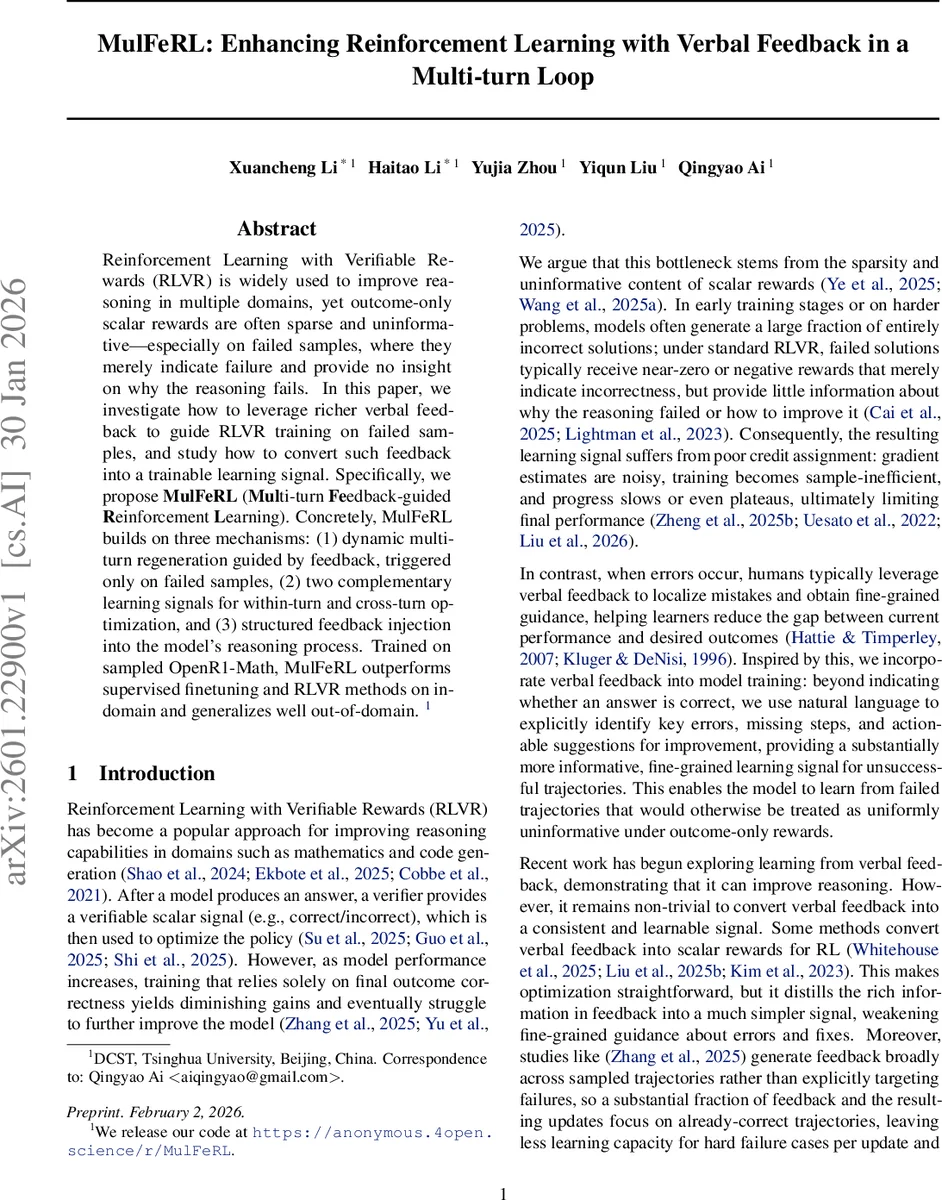 MulFeRL: Enhancing Reinforcement Learning with Verbal Feedback in a Multi-turn Loop
