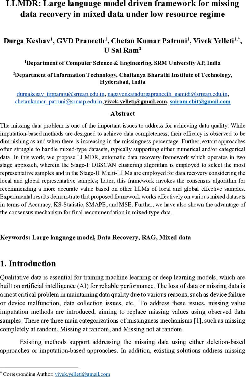 LLMDR: Large language model driven framework for missing data recovery in mixed data under low resource regime