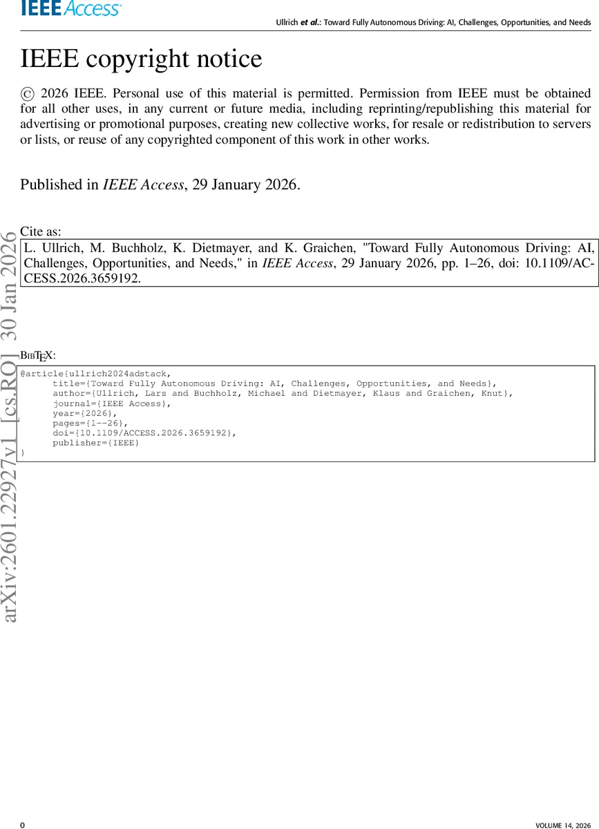 Toward Fully Autonomous Driving: AI, Challenges, Opportunities, and Needs